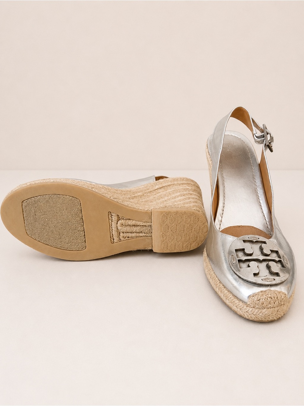 Tory Burch Silver Leather Slingback Espadrille Wedges with Logo - Picture 3 of 3